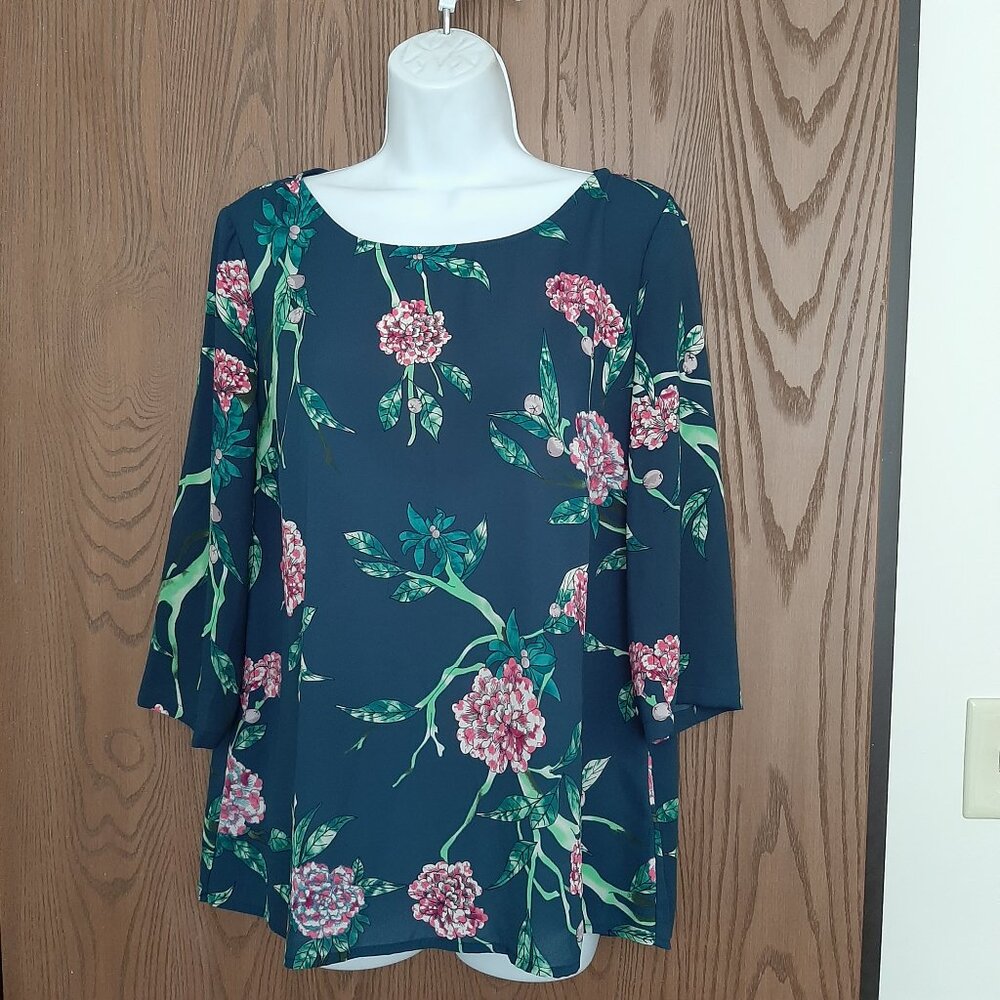 Anthropologie HD In Paris Shear Green Floral Size 10 Pink Flowers 3/4 Sleeves